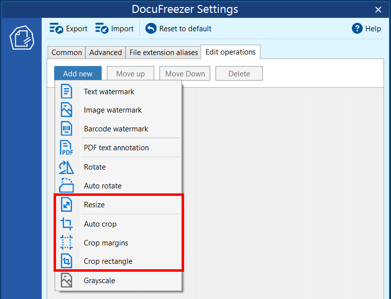 Resize or crop CAD drawings: Resize, Auto-crop, Crop margins, Crop rectangle