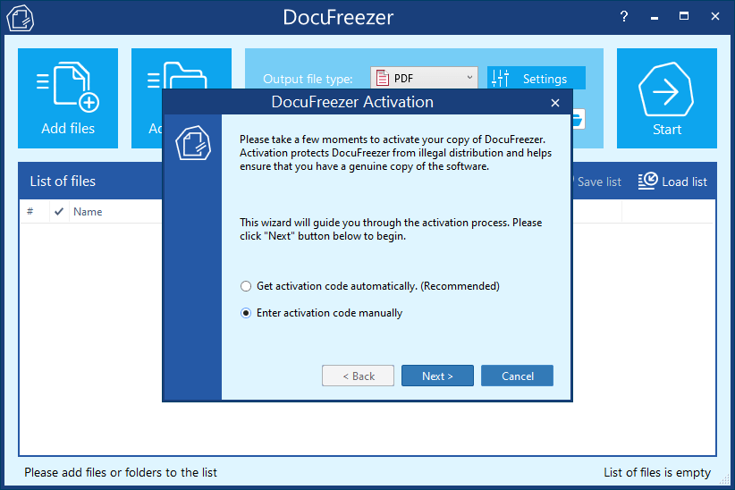 DocuFreezer activation: Enter activation code manually